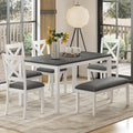 Zevemomo 6-Piece Solid Wood Dining Table Set, Wooden Legs, White | Including 1 Dining Table, 4 Upholstered Chairs and 1 Bench, Wooden Legs Dining Table Set for Dining Room, Kitchen, Restaurant