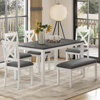 Zevemomo 6-Piece Solid Wood Dining Table Set, Wooden Legs, White | Including 1 Dining Table, 4 Upholstered Chairs and 1 Bench, Wooden Legs Dining Table Set for Dining Room, Kitchen, Restaurant