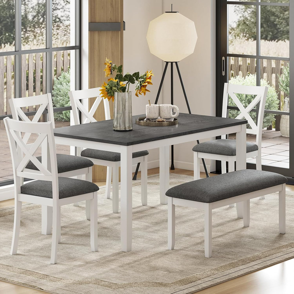 Zevemomo 6-Piece Solid Wood Dining Table Set, Wooden Legs, White | Including 1 Dining Table, 4 Upholstered Chairs and 1 Bench, Wooden Legs Dining Table Set for Dining Room, Kitchen, Restaurant