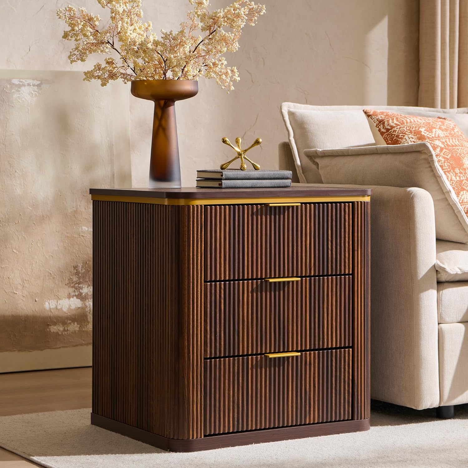 T4TREAM 24" Large Mid Century Modern Fluted Nightstand with 3 Drawers, End Table, Bedside Table for Bedroom, Living Room (Dark Walnut)