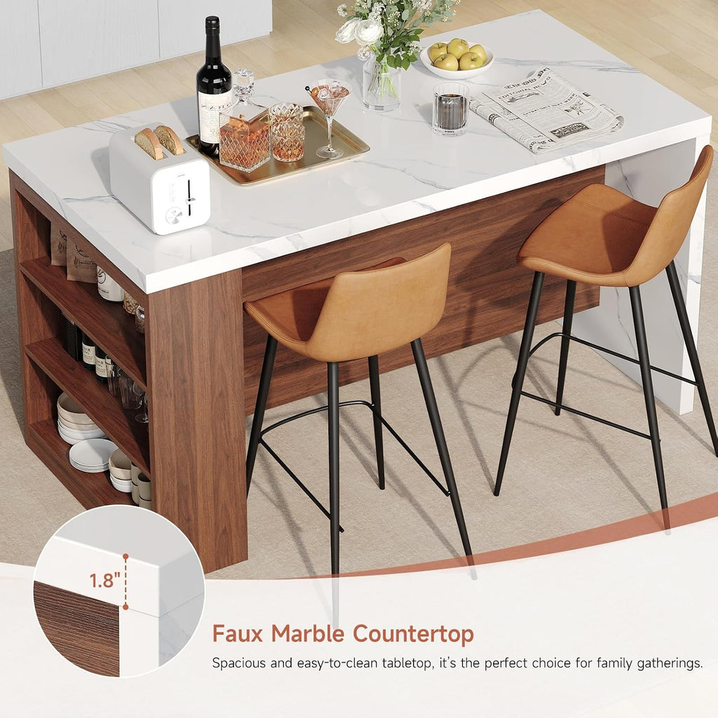 61" Kitchen Island Table with Storage, Counter Height Dining Table, Walnut | with Power Outlets, LED Lights, 3-Tier Side Storage, Faux Marble Top, Modern Stationary Kitchen Storage Islands for 4 Seats