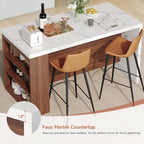 61" Kitchen Island Table with Storage, Counter Height Dining Table, Walnut | with Power Outlets, LED Lights, 3-Tier Side Storage, Faux Marble Top, Modern Stationary Kitchen Storage Islands for 4 Seats