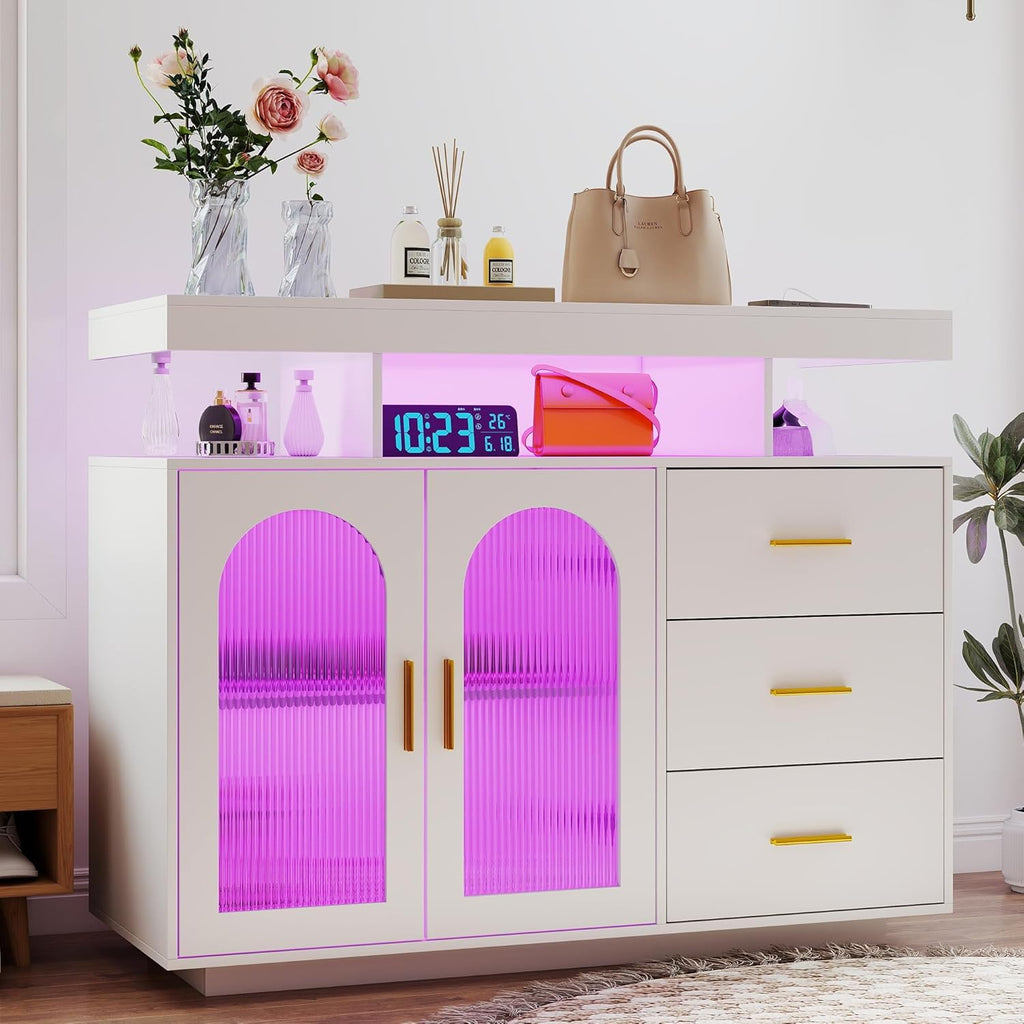 40" LED Buffet Cabinet with Charging Station, Auto Sensor Kitchen Storage Cabinet with RGB 24 Color Lights, Coffee Bar Cabinet with 3 Drawers,Sideboard Buffet Cabinets for Living Room (White)