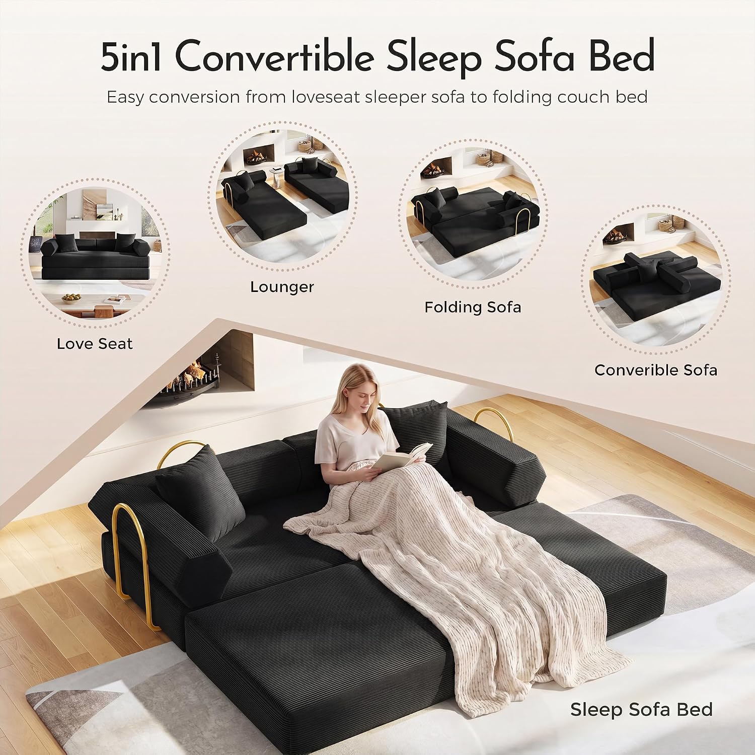 79" Convertible Futon Sofa Bed, Couch for Living Room | Black | Modular Sleeper Sofa, Corduroy Pull Out Floor Couch Loveseat with Fixed-Shape Frame, No Assembly