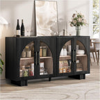 JOINICE Sideboard Buffet Cabinet with Storage,63” Modern Accent Console Cabinet with Glass Doors,Arched Credenza Storage Cabinet with Adjustable Shelves for Entryway,Kitchen,Black