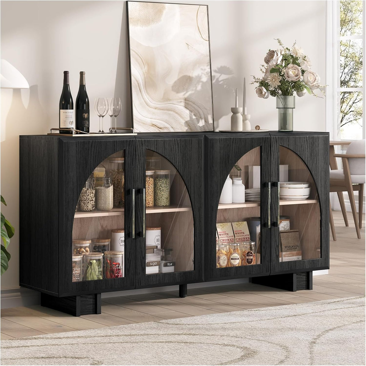 JOINICE Sideboard Buffet Cabinet with Storage,63” Modern Accent Console Cabinet with Glass Doors,Arched Credenza Storage Cabinet with Adjustable Shelves for Entryway,Kitchen,Black