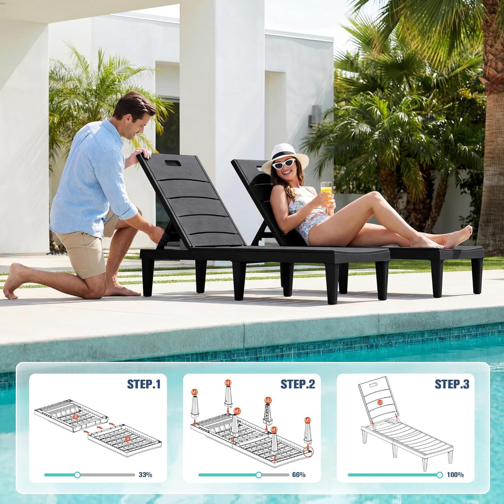 Devoko Outdoor Chaise Lounge Chair Set of 2 with 5-Position Adjustable Back, Waterproof & Lightweight PP Lounge Chairs for Outside Pool Patio (Black)