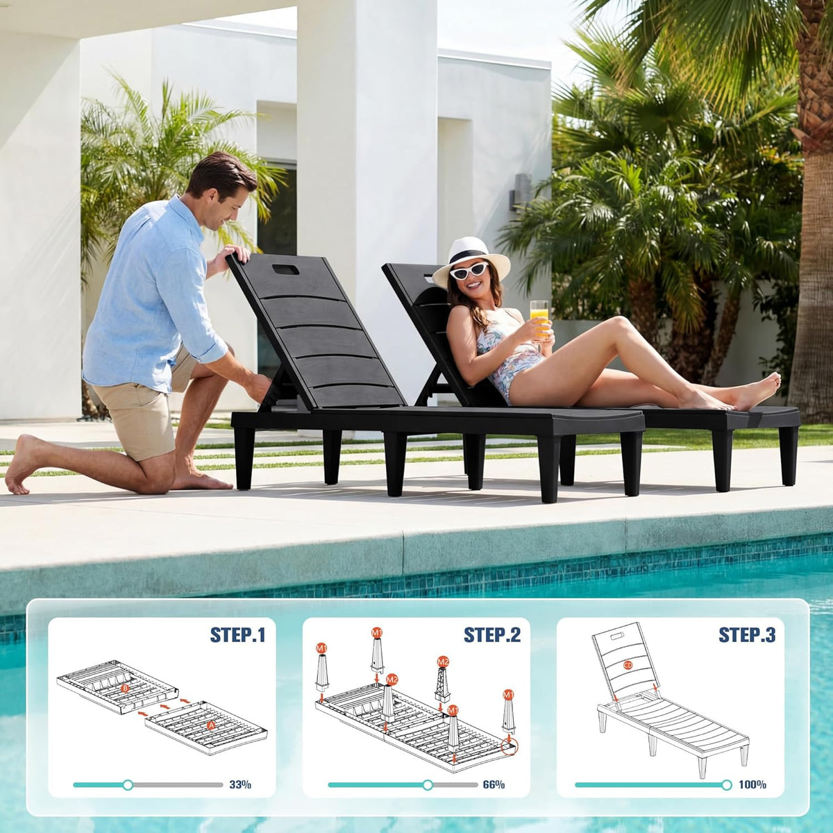 Devoko Outdoor Chaise Lounge Chair Set of 2 with 5-Position Adjustable Back, Waterproof & Lightweight PP Lounge Chairs for Outside Pool Patio (Black)