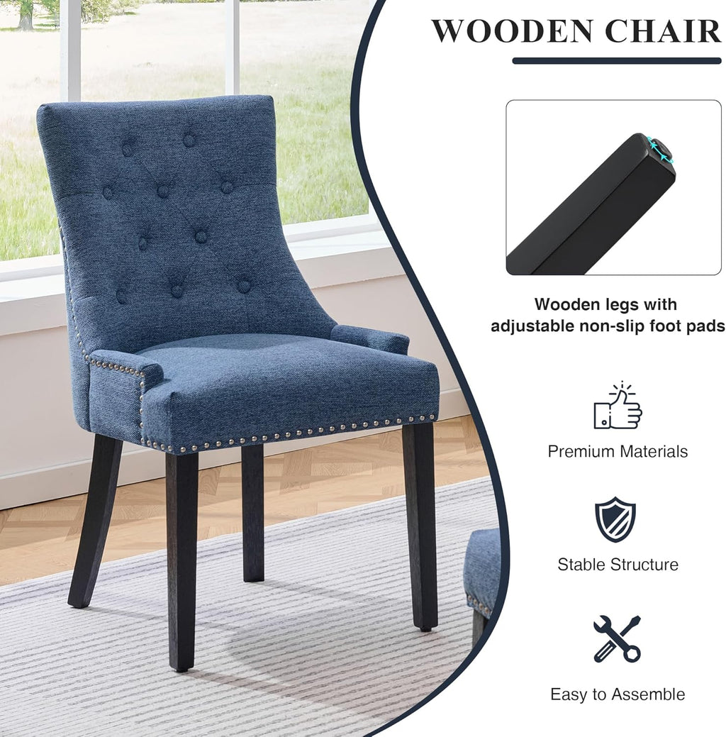 adochr Dining Chairs Set of 6, Upholstered Fabric Dining Room Chairs with Nailhead High Back & Ring Pull & Wooden Legs, Mid-Century Modern Kitchen Chairs for Restaurant, Living Room, Navy Blue