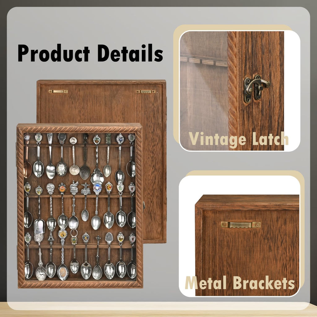 Ikee Design Wooden 30-Souvenir Spoon Display Case Cabinet, Wall-Mounted Tea Spoon Rack with Tempered Glass Door Suitable for Collection Display, Brown Color, 13.4W x 2.6D x 15.7H in