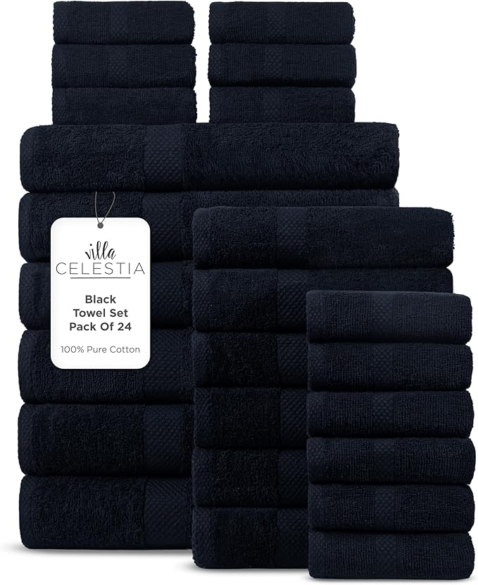 100% Cotton Bath Towel Set of 24-6 Bath Towels, 6 Hand Towels, 12 Wash Cloths, Sustainable, Soft, Highly Absorbent, Combed Cotton 24 Piece Set for Hotels, Spa, Bathroom, Dorm, Black