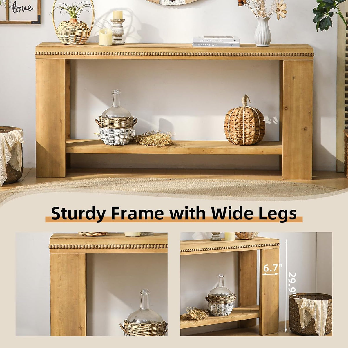 Console Sofa Table with Storage, 63" Long Wood Console Table with Beaded Trim and Storage Shelf, 2-Tier Narrow Entryway Table for Hallway, Foyer, or Behind Couch Living Room