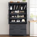 Farmhouse Pantry Cabinet, 72.6''H Freestanding Food Pantry with Pull-Out Trays, Drawers and Cake Pan Storage Organizer, 4 Doors Kitchen Cabinet for Dining Room, Grey