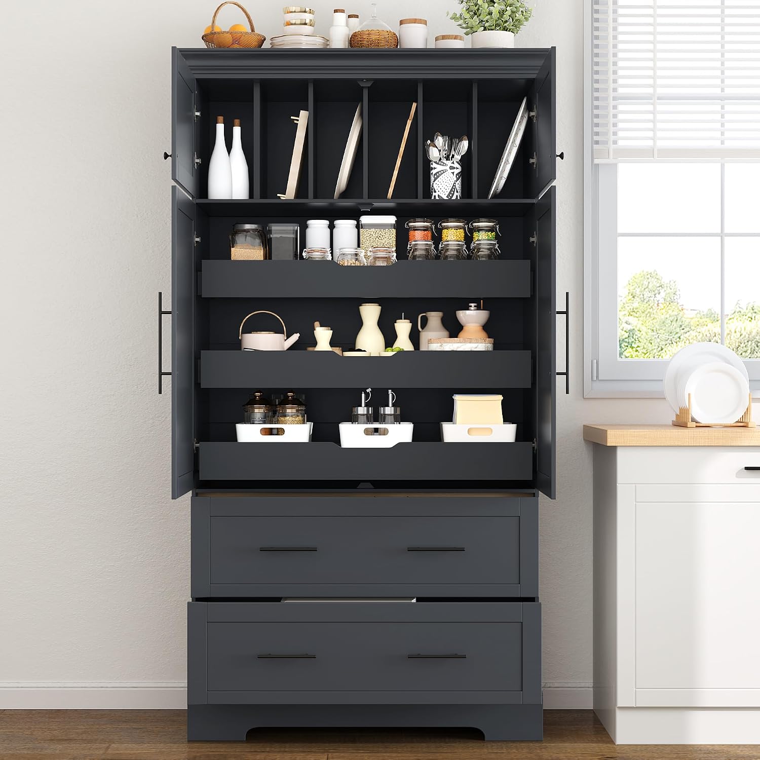 Farmhouse Freestanding Kitchen Pantry,4 Doors Dining Storage Cabinet with Pull-Out Trays, Drawers and Cake Pan Storage Organizer,for Dining Room Living Room (Grey-h)