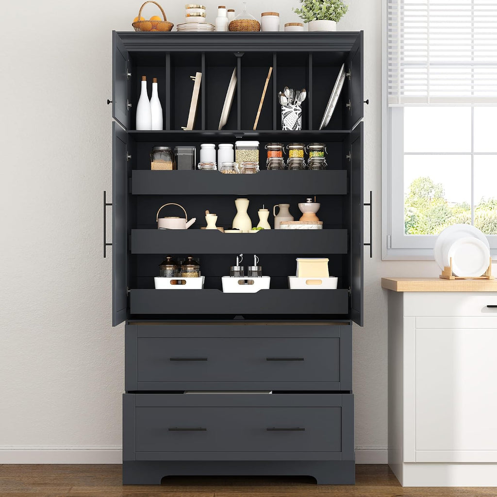 SOFTSEA Kitchen Pantry Storage Cabinet with Pull-Out Trays, Drawers and Cake Pan Storage Organizer, Freestanding Hutch with Doors, Grey