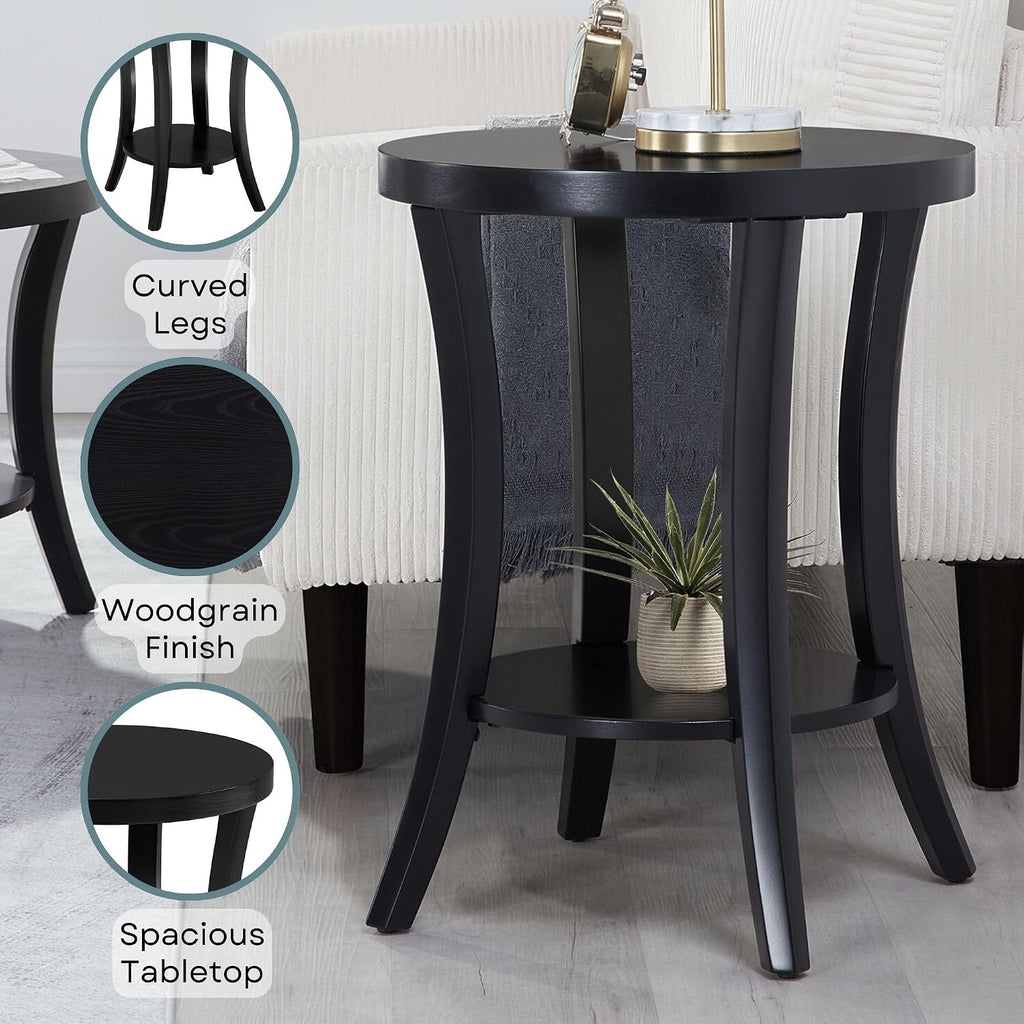 Convenience Concepts Charleston Round End Table 30" - Classic Living Room Side Table with Storage Shelf for Transitional Living Room, Family Room, Black