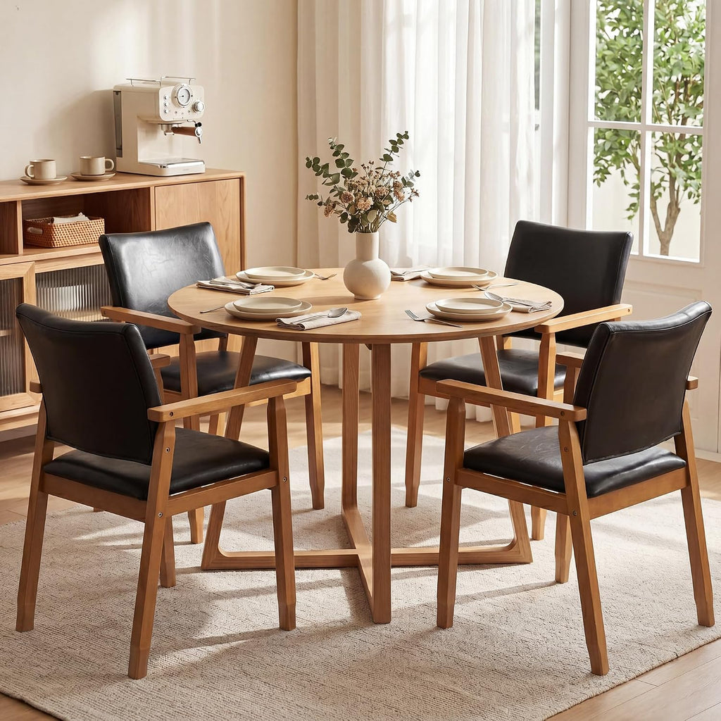 GOTMINSI Mid-Century Modern PU Leather Dining Chair with Arms, Solid Wood Frame, 320 lbs Weight Capacity, Upholstered Accent Chair for Kitchen Dining Room Living Room (Black,1pcs)