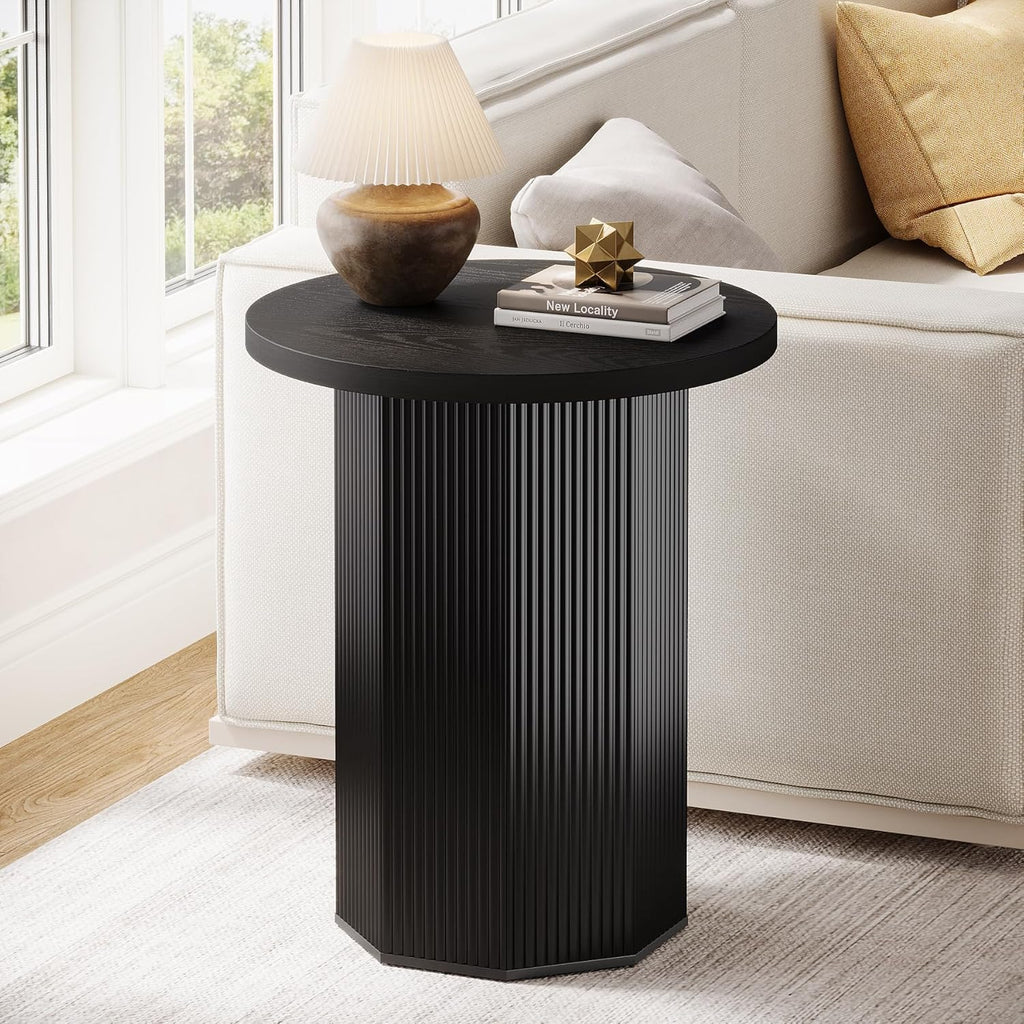 Tribesigns Round End Table, Farmhouse Pedestal Side Table, Fluted Wooden Nightstand Drink Stand for Living Room, Bedroom (1, Black)