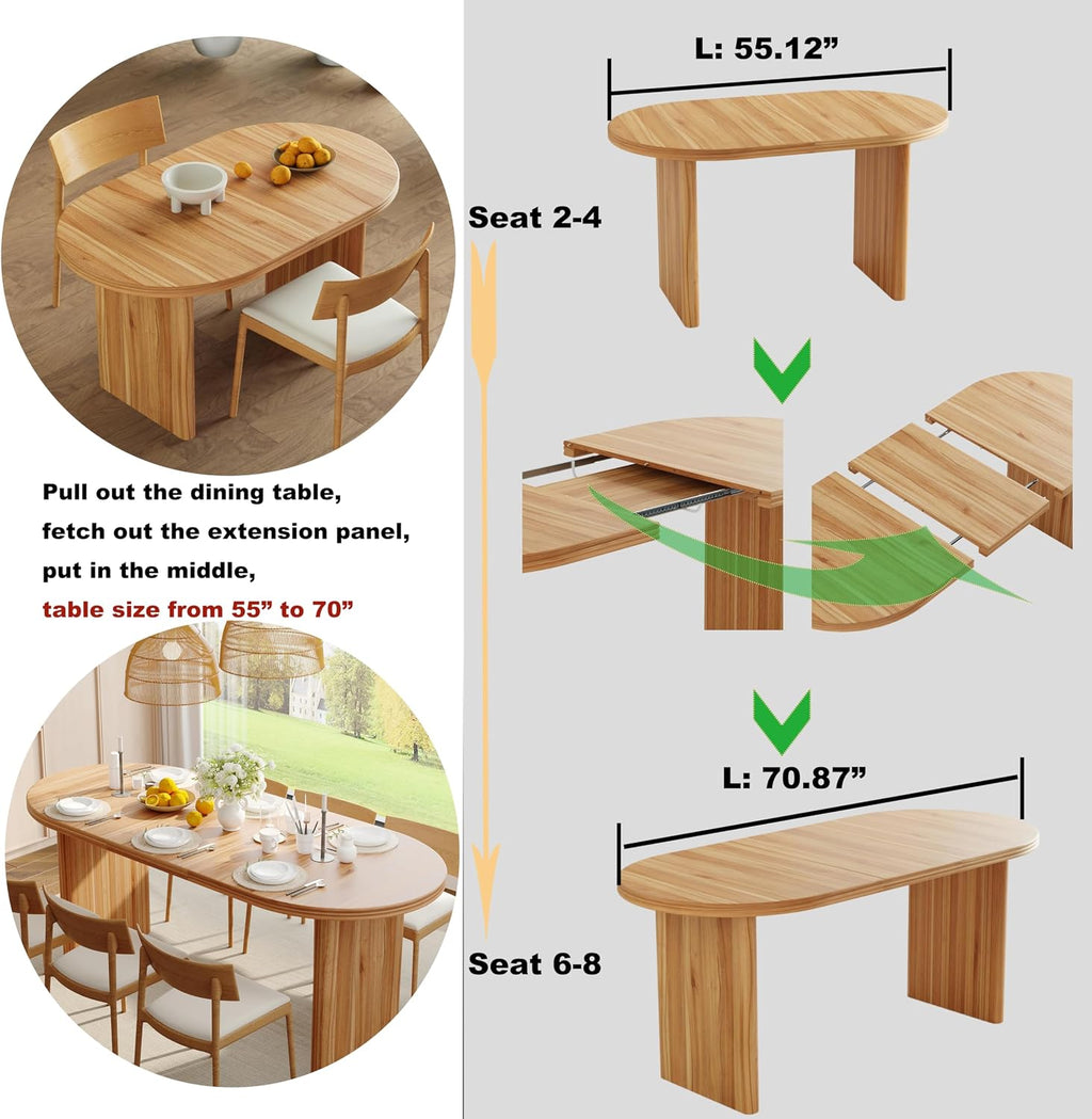 GDFStudio 55.12"-70.87" Farmhouse Extendable Oval Dining Table for 4-6, Modern Solid Wood Kitchen & Dining Table with Removable Leaf Mid-Century Modern Round Dining Tables Space Saving, Natural Walnut