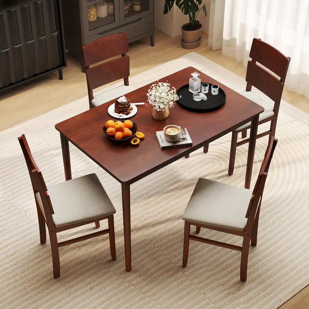 GOFLAME 5-Piece Dining Table Set for 4, Farmhouse Wooden Kitchen Table & 4 Upholstered Chairs with Padded Seat and Rubber Wood Legs, Space Saving Dinette Set for Dining Room, Restaurant, Small Space