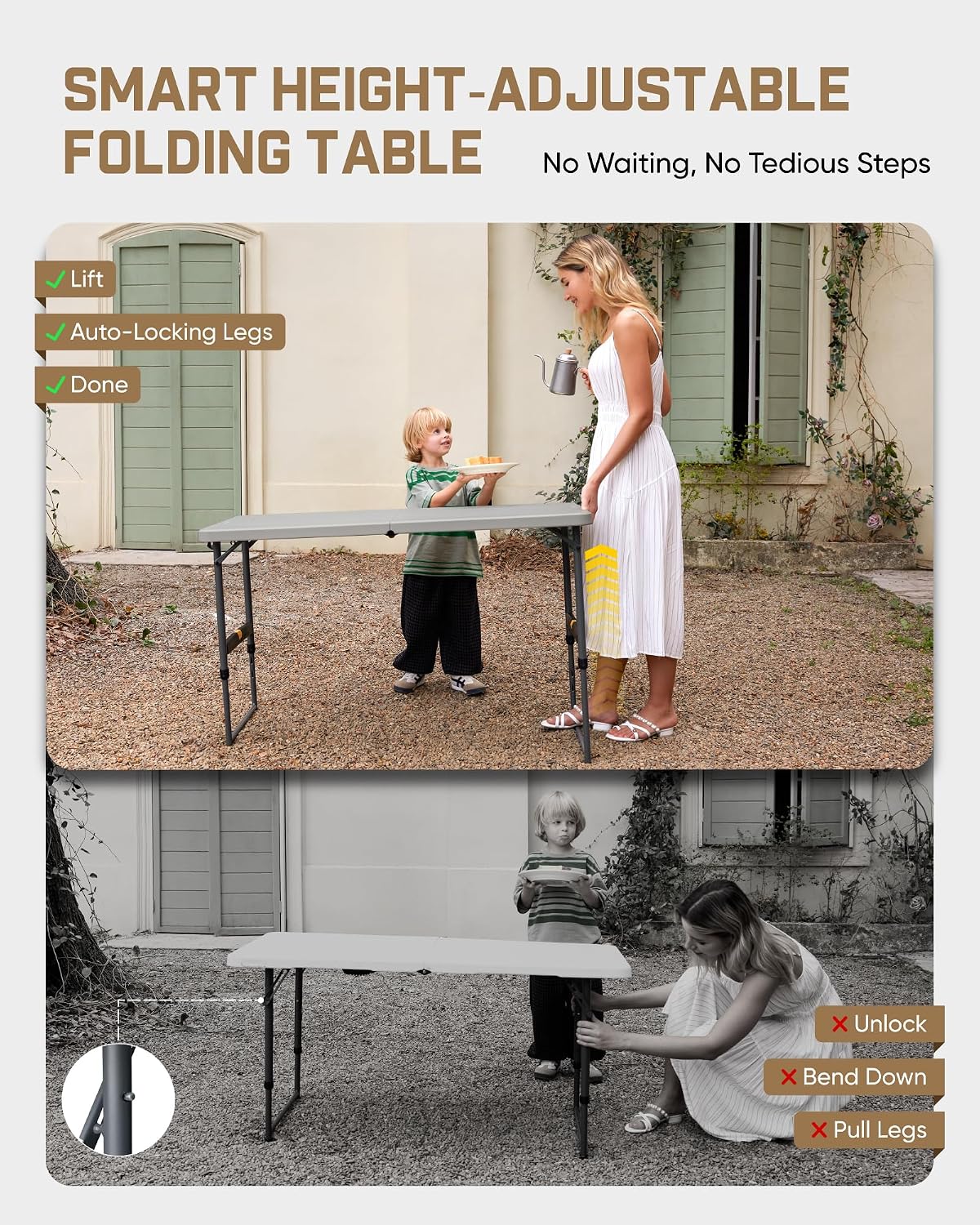 FanttikOutdoor Folding Table 4 Foot Quick Adjust Portable Plastic 4 Heights | Effortless Adjustable Height Small Card Table, Fixing Lock Indoor Outdoor Use for Party Camping, 1 Pack Grey Zeta X4 Pro