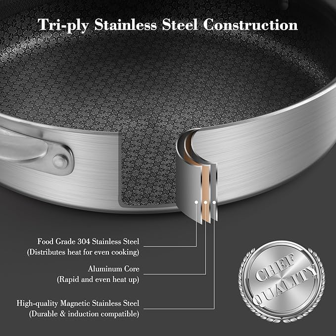 12 Inch Frying Pan with Lid Saute Pan 5.2 QT Deep skillet for Stir-Fry & Searing, Tri-ply Stainless Steel Nonstick Non Toxic Non Toxic, PTFE&PFOA Free, Induction, Oven & Dishwasher Safe