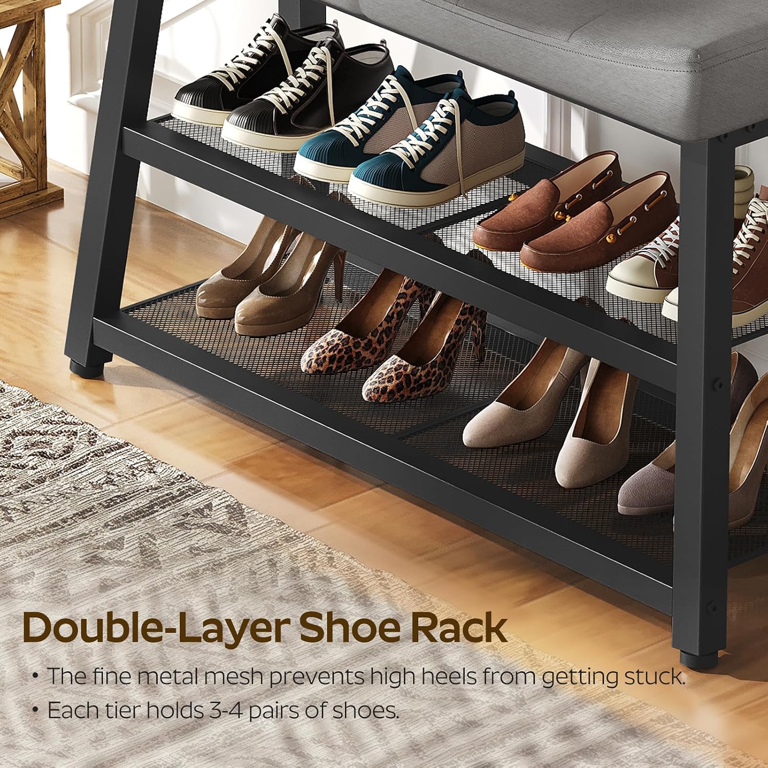 YATINEY Shoe Bench, 3-Tier Shoe Rack, Entryway Bench with Storage and Cushion, for Hallway, Foyer, Bedroom, Gray and Black HX02BG