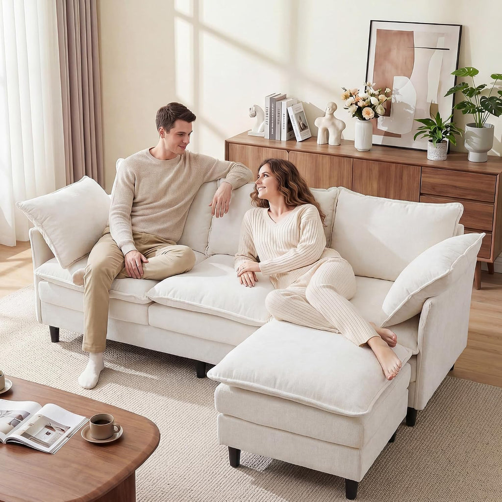 69" Couch Sofa L-Shape 3 Seat with Ottoman, Small Cloud Sofa Double-Layer Cushion 23" Deep Seat Washable Chenille Pillows Couches for Living Room Apartment Office 69-Beige-L