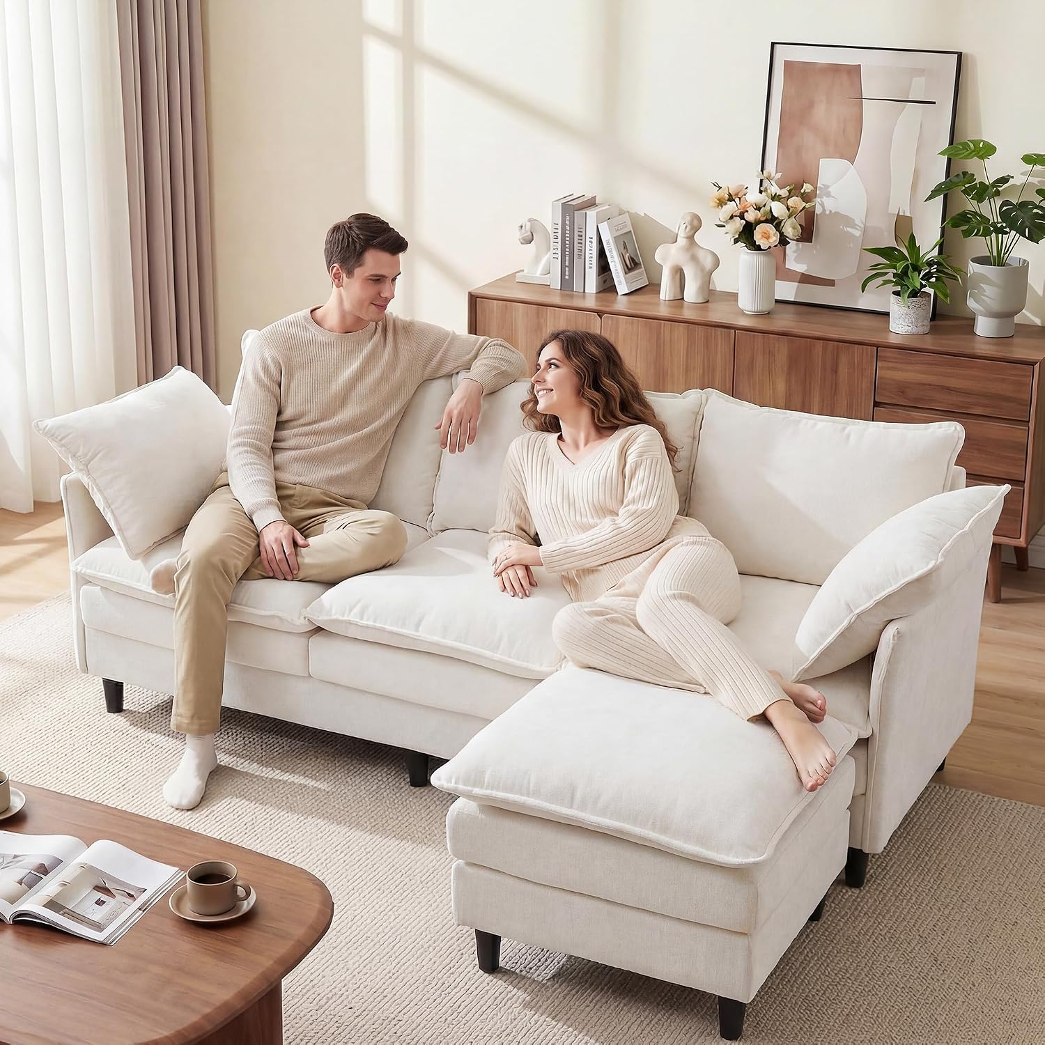 69" Couch Sofa L-Shape 3 Seat with Ottoman, Small Cloud Sofa Double-Layer Cushion 23" Deep Seat Washable Chenille Pillows Couches for Living Room Apartment Office 69-Beige-L