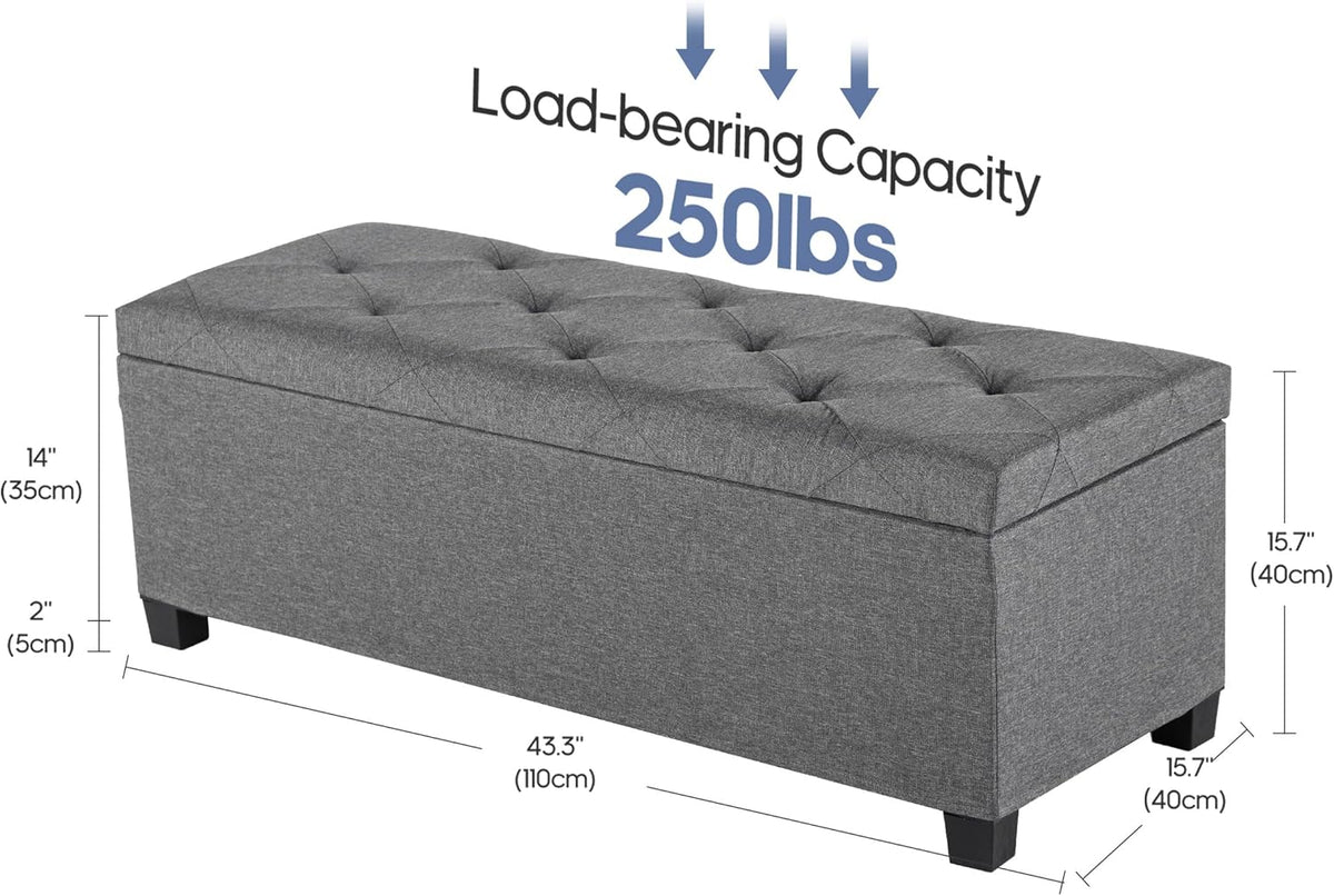 DUMOS Upholstered Storage Bench, End of Bed Ottoman, Extra Large 46.5 Gal (176L) Internal Volume, Foot Stool for Bedroom, Living Room, Sturdy Storage Chest, Dark Grey, 43.3" L x 15.7" W x 15.7" H