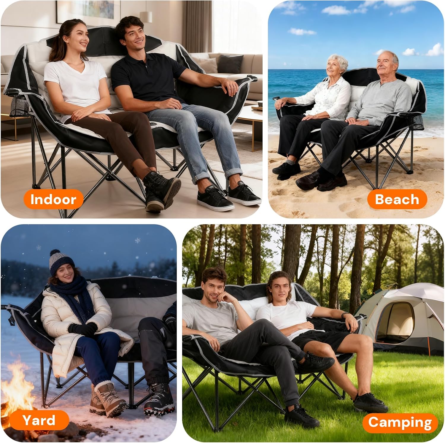 Double Camping Chair 2 Person Oversized Heavy Duty Padded Outdoor Folding Loveseat with Dual Cup Holders for Lawn Beach