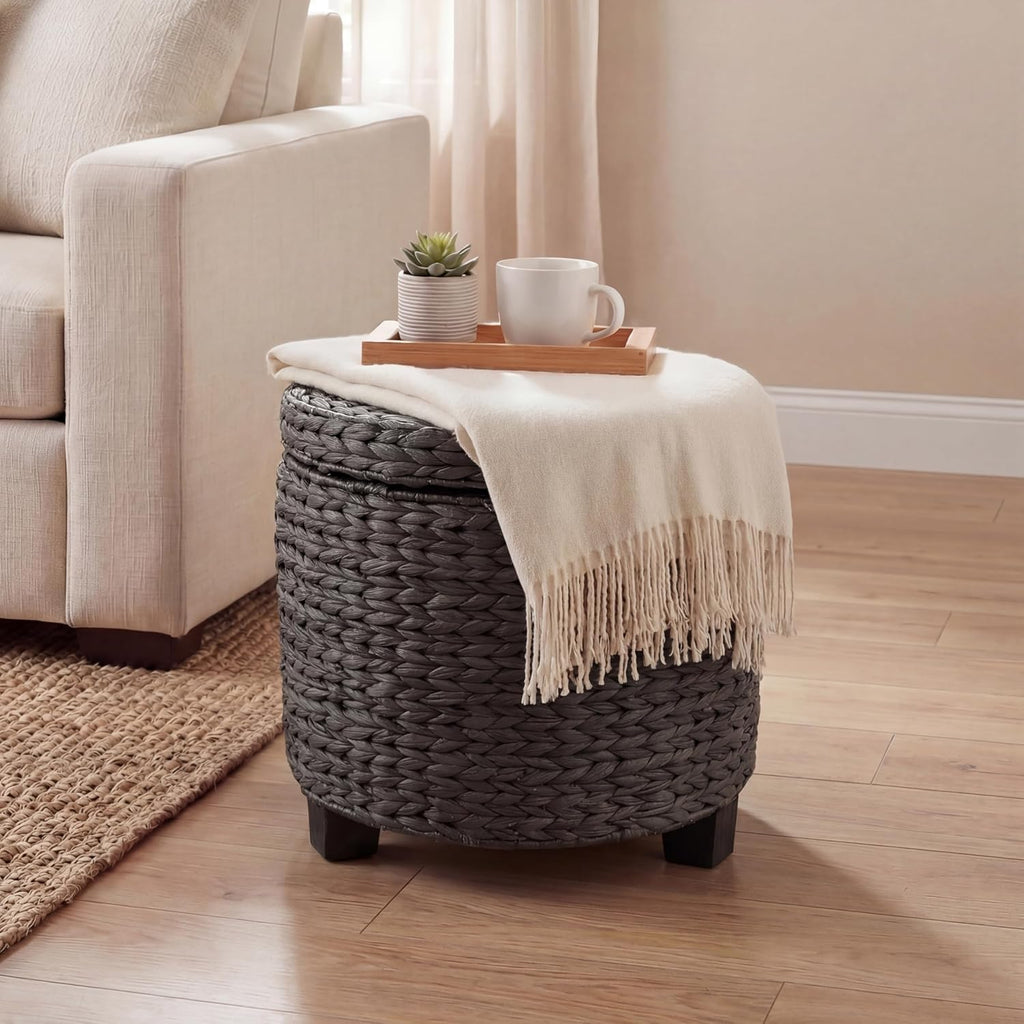happimess Addie Handwoven Water Hyacinth Storage Ottoman 17.72", Black | Removable Lid, Coastal Foot Rest, 11 Gallon Capacity, Lined Interior, Wooden Legs, Entryway Seating, Holds 150 Lbs