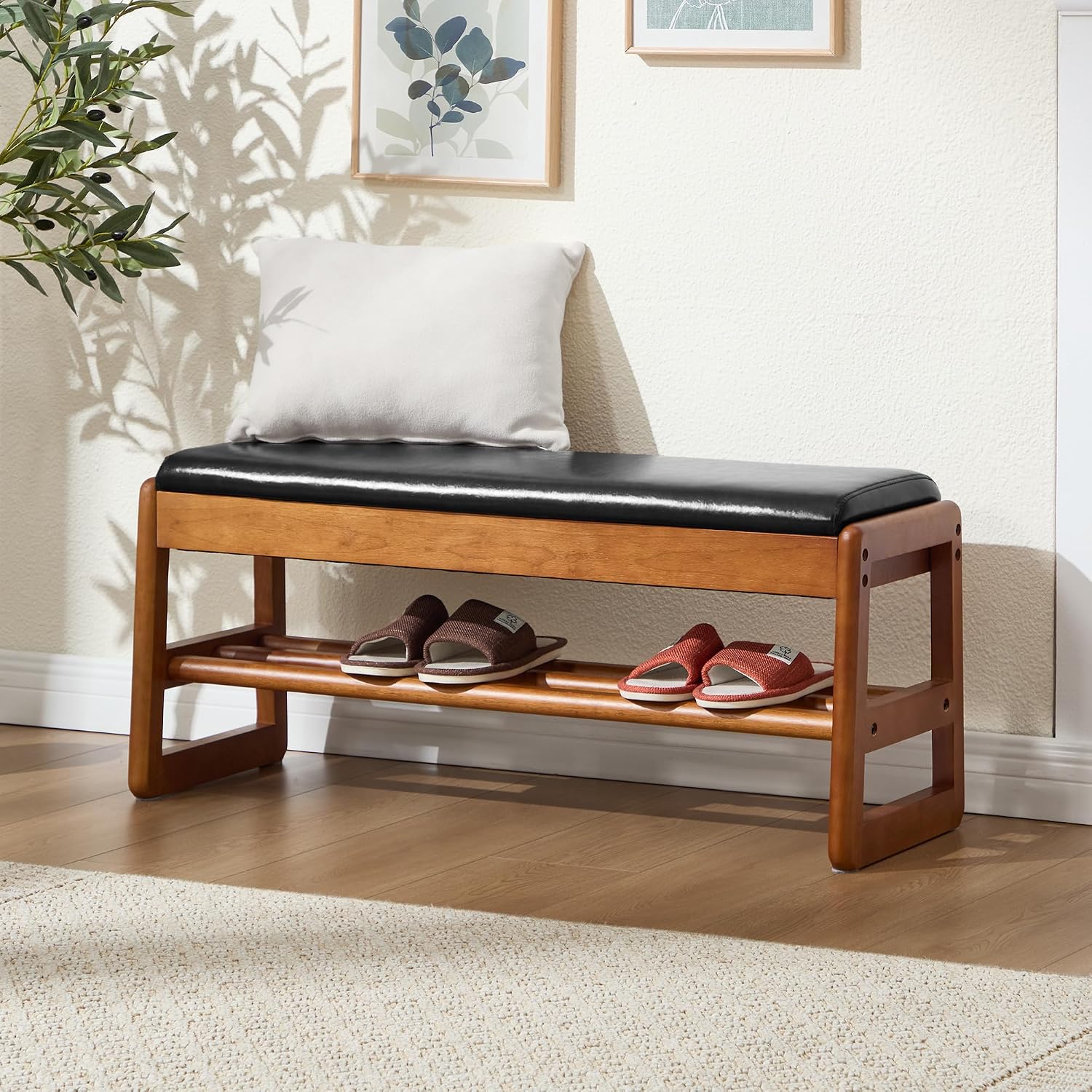 39.3" Shoe Rack Bench,2 Tiers Shoe Bench with Storage,Walnut Storage Bench with Faux Leather Cushion for Entrance Entryway Hallway Walnut PU Black