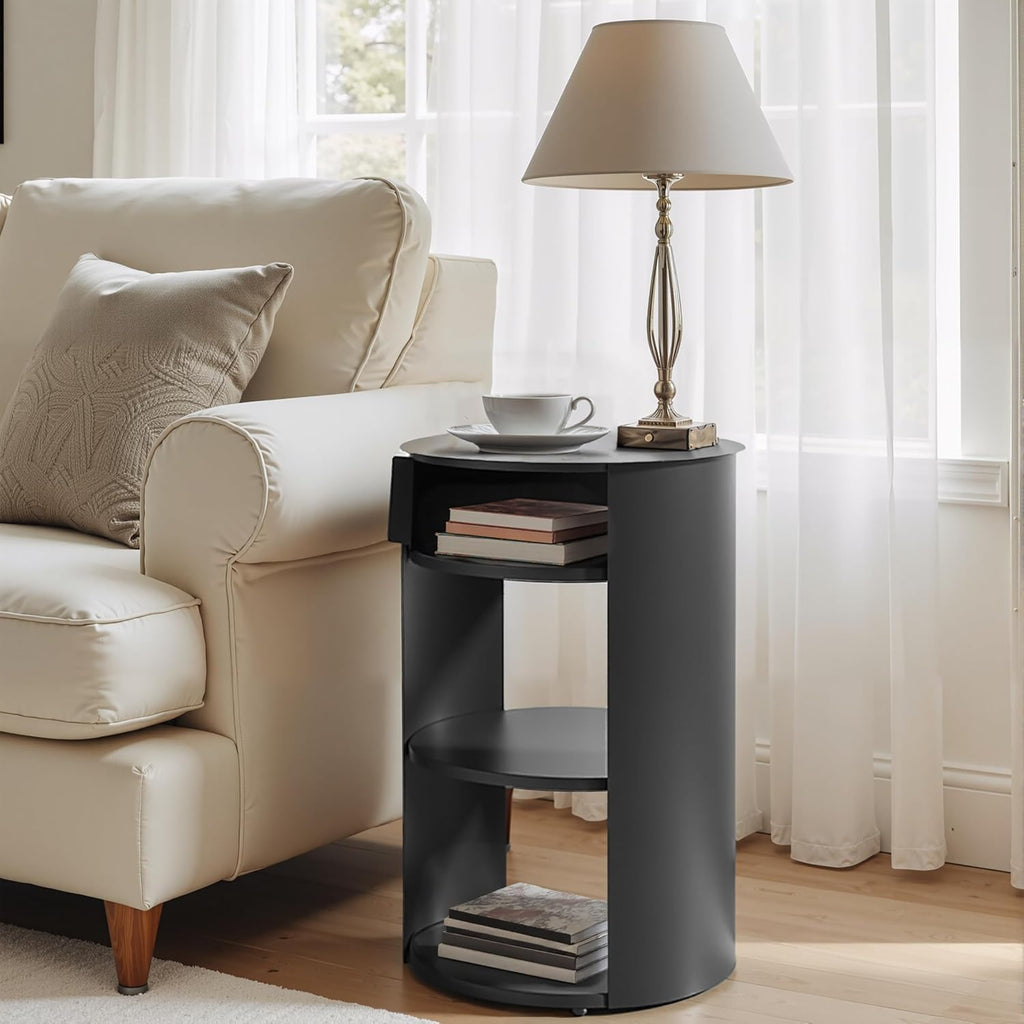 GDFStudio 3-Tier Modern Round Side Table with Sliding Door Storage, Pre-Assembled Matte Black Metal End Table for Living Room or Office – Space-Saving Cylindrical Design with Open Shelves