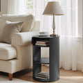 GDFStudio 3-Tier Modern Round Side Table with Sliding Door Storage, Pre-Assembled Matte Black Metal End Table for Living Room or Office – Space-Saving Cylindrical Design with Open Shelves