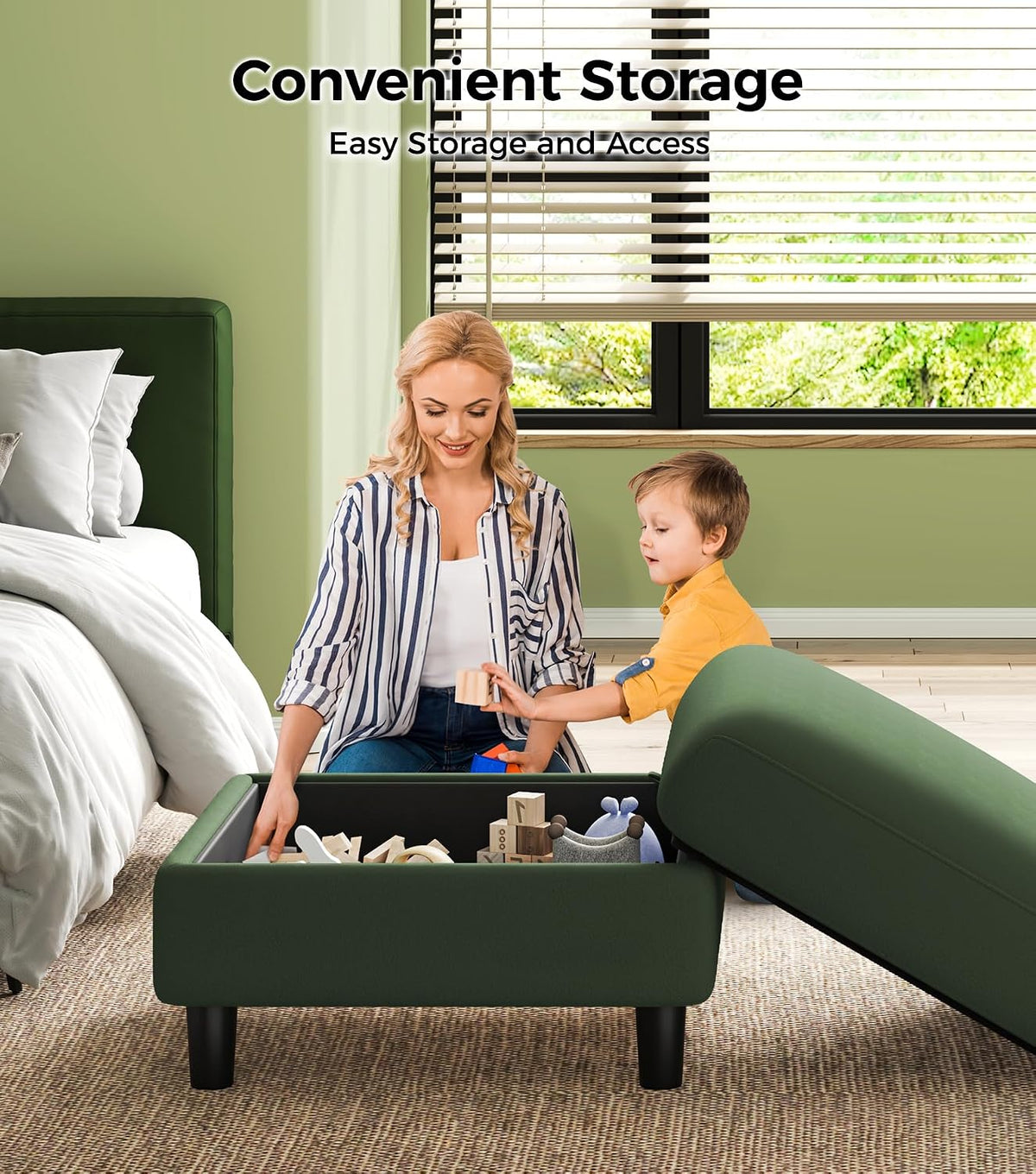 Welzona Teddy Storage Ottoman, 26.7"Large Living Room Ottoman, Coffee Table | All-Wood Ottomans with Storage, Tool-Free Setup Bench for Bedroom, for Welzona Loveseat Sofa Couch Living Room Set, Green