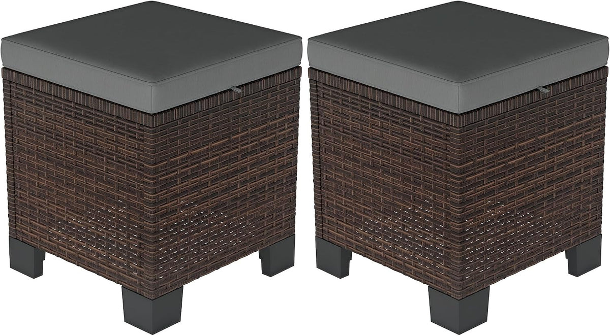 Outsunny 2 Pieces Outdoor Patio Ottomans, All Weather Wicker Footstools with Removable Cushions, 3-in-1 PE Rattan Ottoman Seat, Footrest and Side Table for Backyard, Poolside, Gray