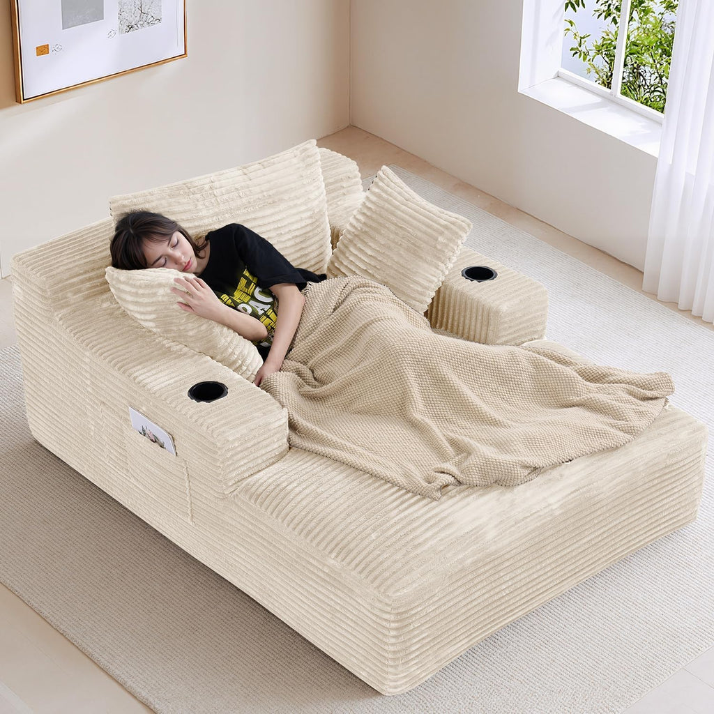 50" x 68" Corduroy Chaise Lounge, Cup Holders, Beige | Oversized corduroy chaise with a deep sleeper seat, built-in cup holders, and 3 pillows for reading, lounging, or naps.