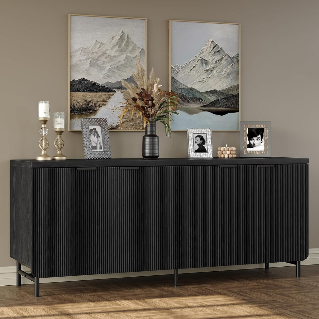 Furniouse 66.2''W Large Fluted Buffet Cabinet with 4 Doors & Shelves Wood Sideboard Buffet Table Storage Cabinet Modern Accent Console for Living Room, Black