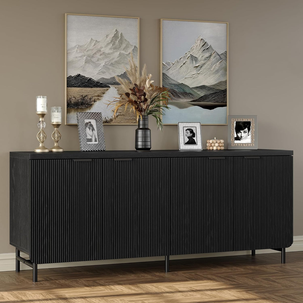 Furniouse 66.2''W Large Fluted Buffet Cabinet with 4 Doors & Shelves Wood Sideboard Buffet Table Storage Cabinet Modern Accent Console for Living Room, Black