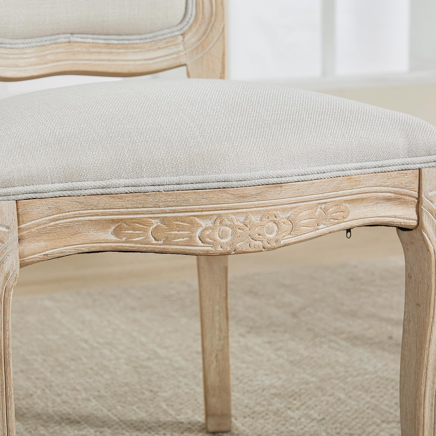 Kmax French Dining Chairs Set of 4, Farbric Upholstered Dining Chairs with Elegant Curved Legs High Back Armless Kitchen Chairs Side Chairs for Dining Room Restaurant - Linen, Beige/Brushed Legs