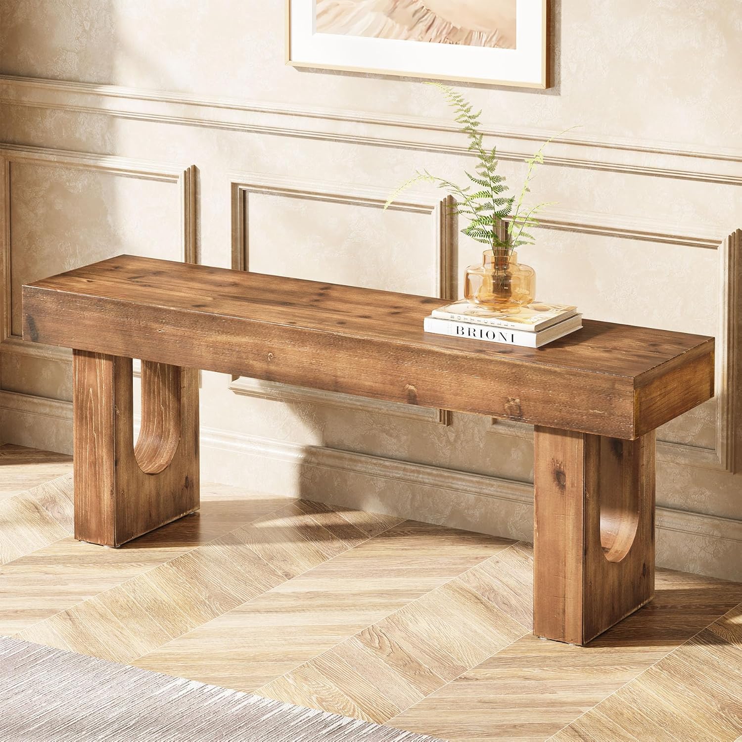Solid Wood Shoe Bench, 47" Long Farmhouse Entryway Bench with Sturdy Legs, Narrow Rustic End of Bed Bench for Hallway, Living Room, Bedroom, Easy Assembly