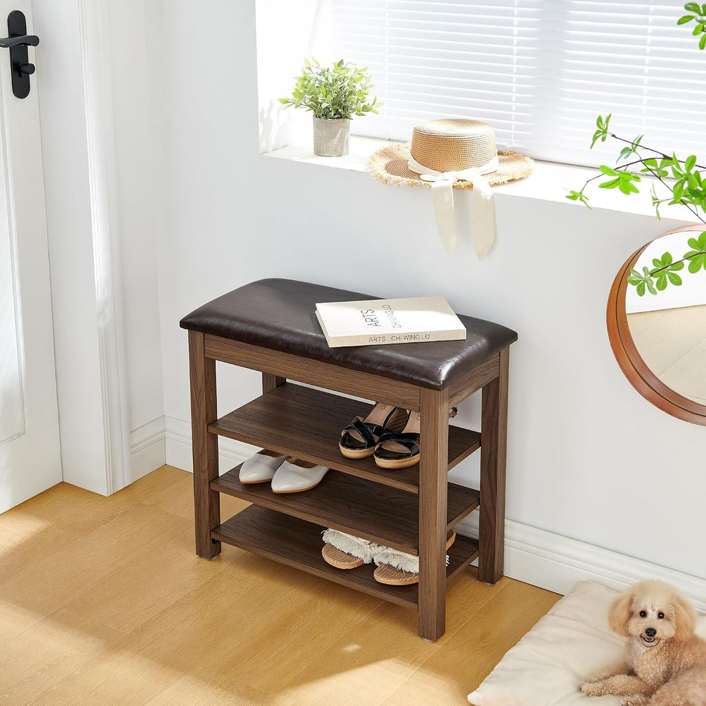 Shoe Storage Bench for Entryway, 24" Lift Top Storage Bench with PU Leather Cushion, 3-Tier Adjustable Shoe Rack Organizer, 400 lb Wood Hallway Benches for Mudroom, Bedroom, Brown
