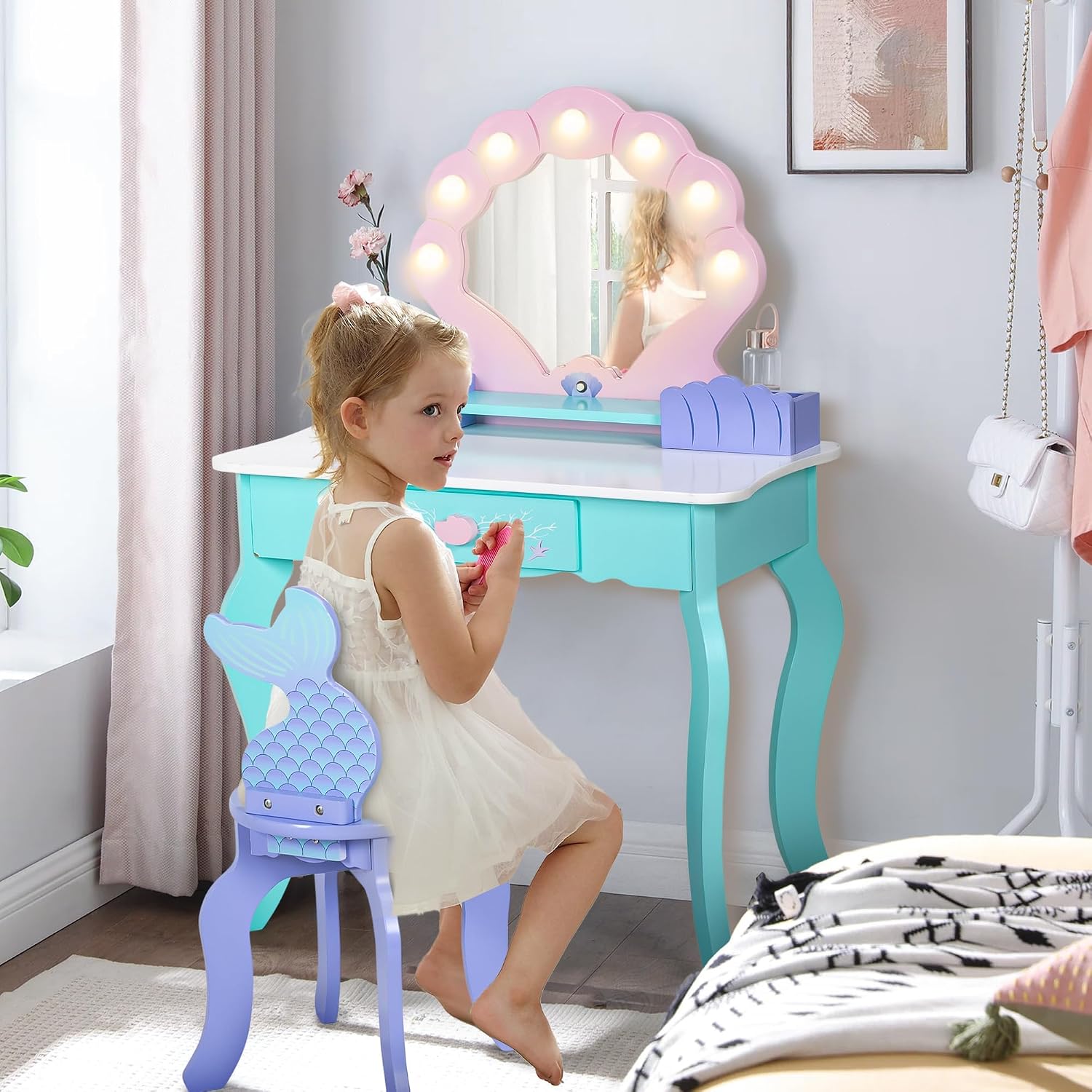 Vanity Set with Lights & Mirror, Wooden Dressing Table and Chair | 2 in 1 Ocean Theme Makeup Table and Stool Set, Little Girls Princess Pretend Play Set, Accessories, Kids Vanity for Birthday