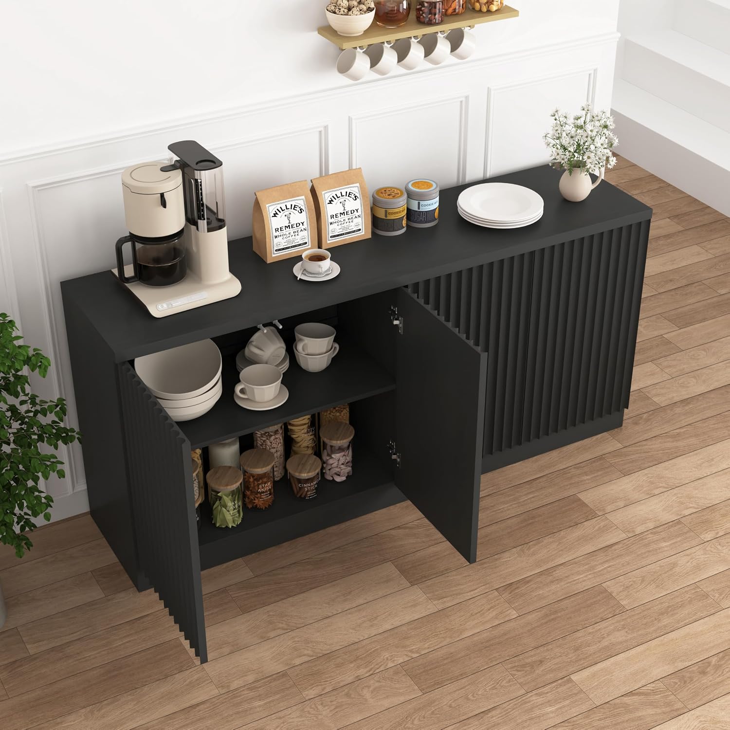 63" Fluted Buffet Cabinet Sideboard with Storage,Large Credenza with 4 Doors with Adjustable Shelves,Wood Mid Century Modern Sideboard for Kitchen, Living Room,Entryway(Black)