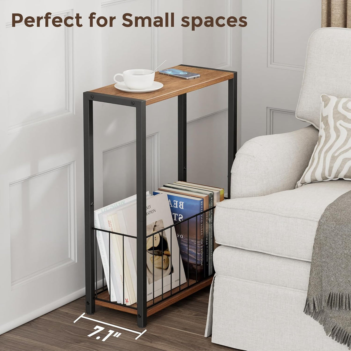 Homleke Narrow Side Table with Magazine Holder, Skinny End Table Perfect for Small Spaces, Space-Saving Design for Living Room, Bedroom, or Office, 7.1" D x 16.9" W x 23.6" H, Rustic Walnut