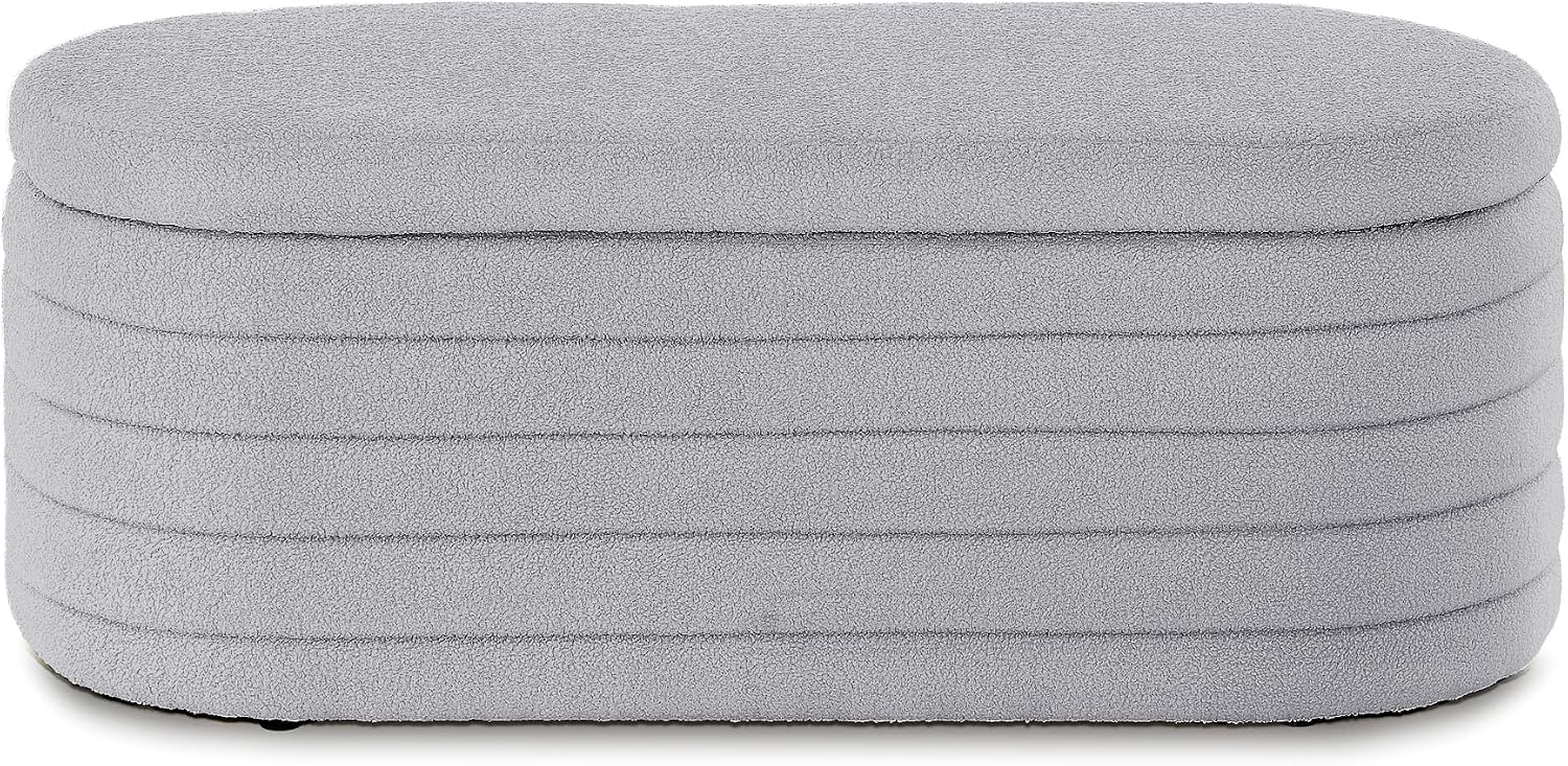 Storage Ottoman Bench End of Bed for Bedroom, Boucle Upholstered Entryway Shoe Seat Bench with Storage, Sherpa Modern Cute Padded Blanket Chest Stool Foot Rest for Living Room (Light Gray)