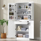 72" Tall Farmhouse Pantry Cabinet with Curved Design - Kitchen Storage Cabinet with 8 Door Shelves, 3 Adjustable Shelves & 1 Hidden Drawer, Versatile for Kitchen & Dining Room, White