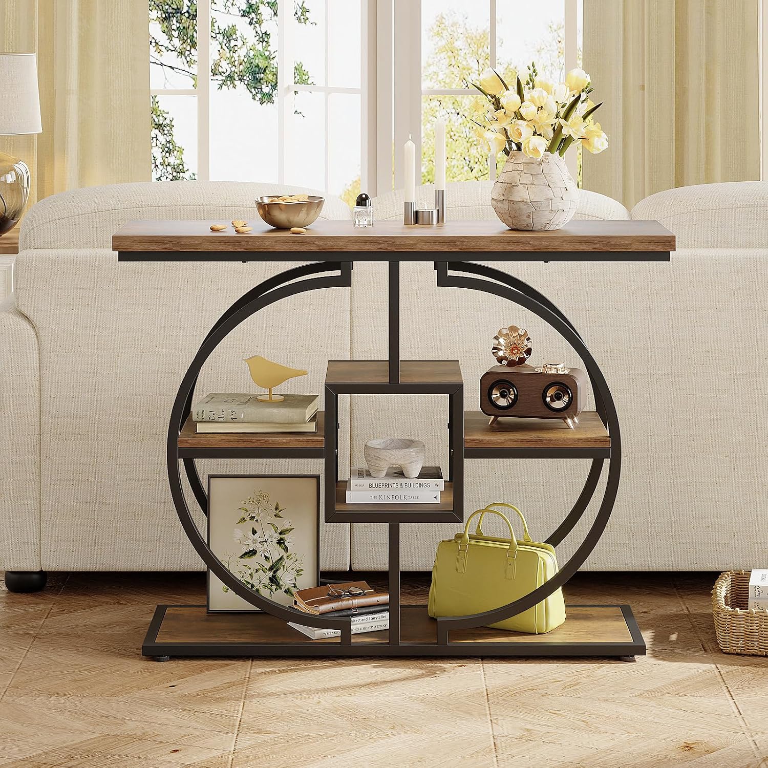GiftGo Narrow Console Table for Entryway Industrial 4-Tier Sofa Table Behind Couch with Circle Base Rustic Wooden Accent Tables with Storage Shelves for Living Room, Hallway, Foyer (Brown)