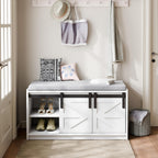 Mondeer Shoe Storage Bench, 2-Tier Farmhouse Entryway Bench with Sliding Barn Door Storage Cabinets & Removable Seat Cushion, for Entryway Hallway Bedroom, 90 x 45 x 35 cm, White